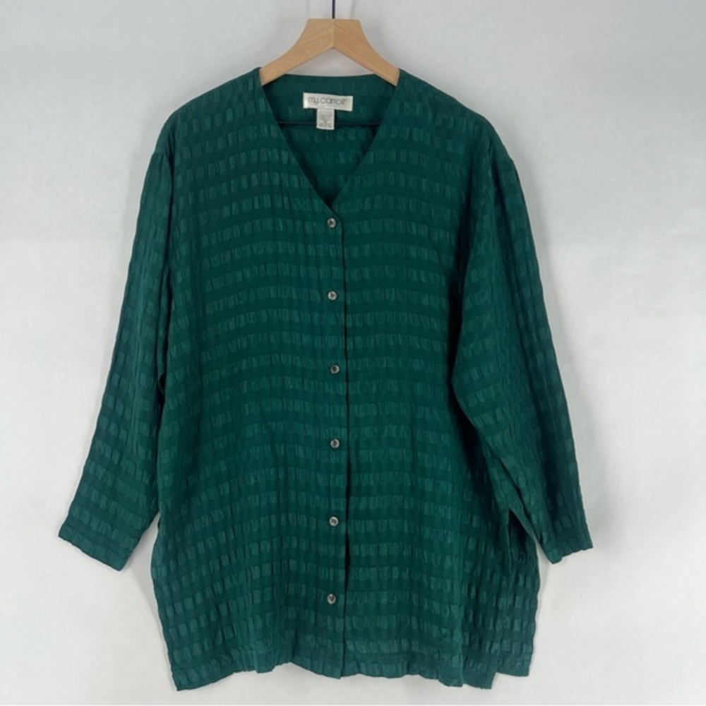 MJ Carroll Vintage Green‎ Lightweight Textured Silk V Neck Button Front Top